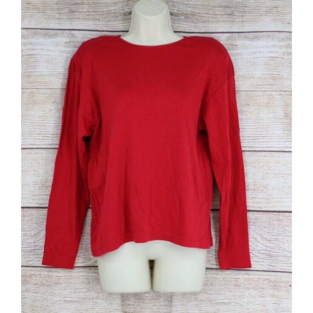 Kathie Lee Womens Large Crew Neck Ribbed Long Sleeve Padded Shoulder Shirt Red
